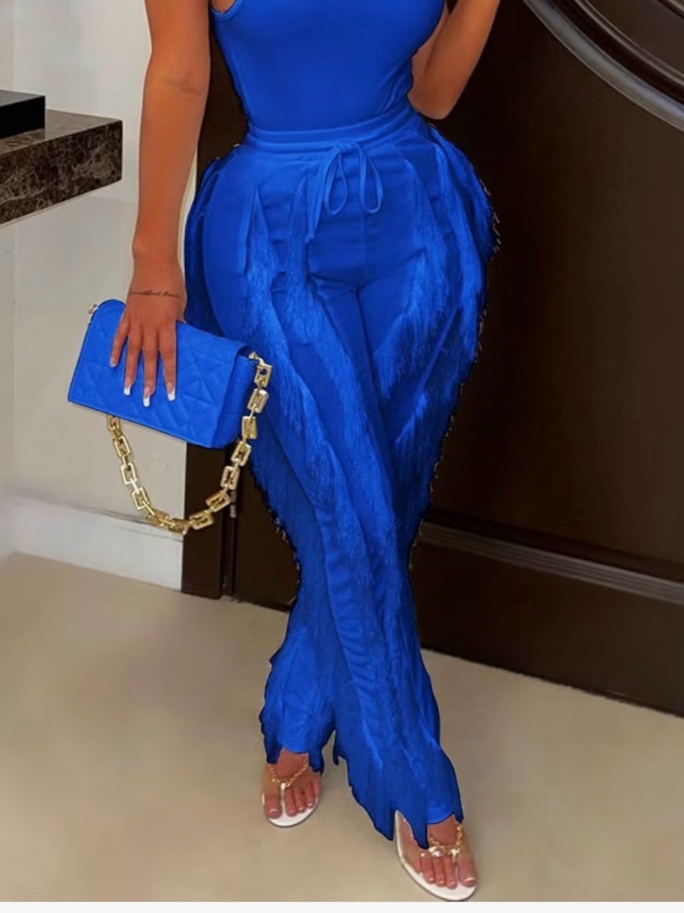 Women Blue High Waist Fringe Pants w Drawsting Elastic Waist